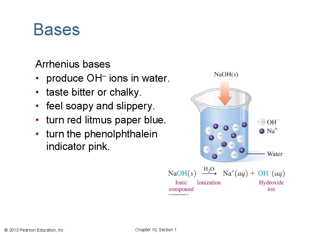 Bases Arrhenius bases • produce OH− ions in water. • taste bitter or chalky.