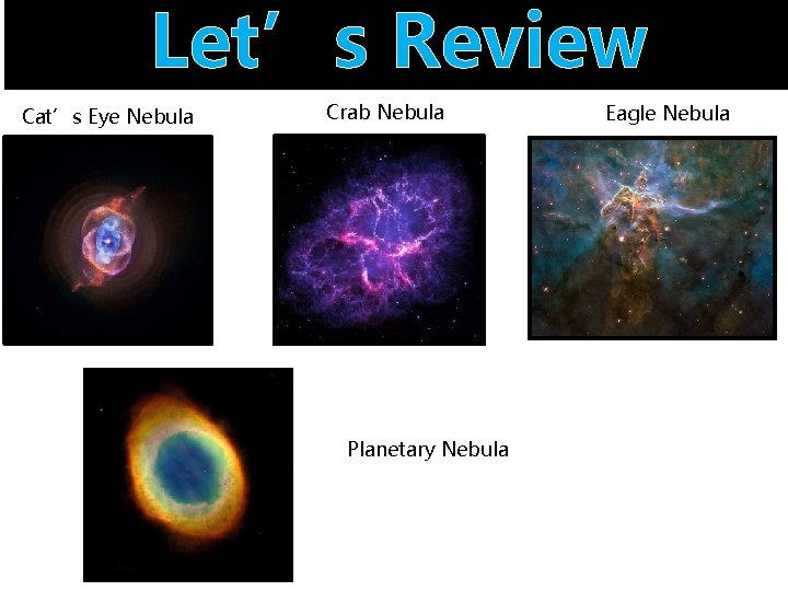 Let’s Review Cat’s Eye Nebula Crab Nebula Planetary Nebula Eagle Nebula 