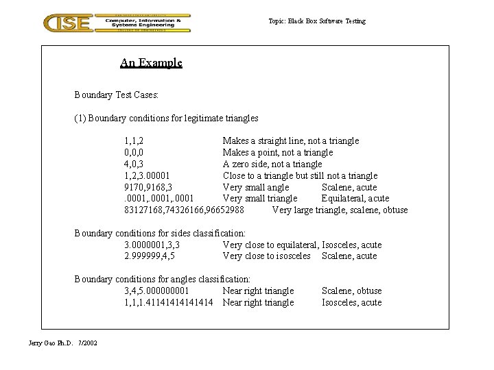 Topic: Black Box Software Testing An Example Boundary Test Cases: (1) Boundary conditions for