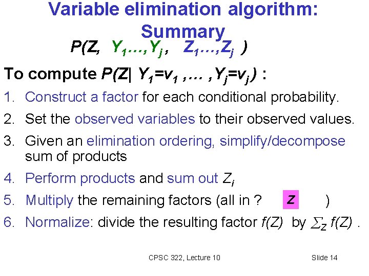 Variable elimination algorithm: Summary P(Z, Y 1…, Yj , Z 1…, Zj ) To
