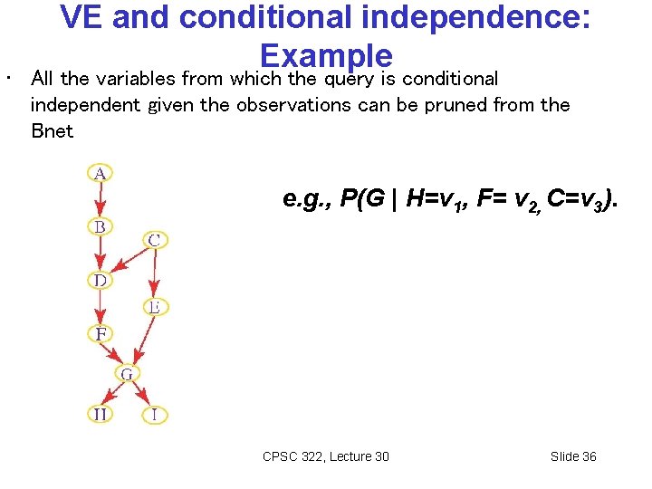 VE and conditional independence: Example • All the variables from which the query is
