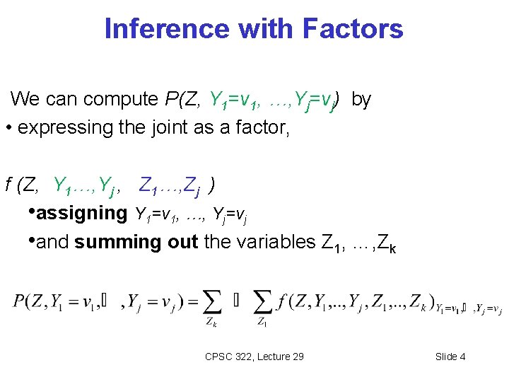Inference with Factors We can compute P(Z, Y 1=v 1, …, Yj=vj) by •