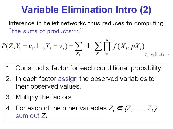 Variable Elimination Intro (2) Inference in belief networks thus reduces to computing “the sums