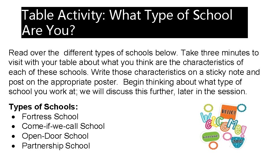Table Activity: What Type of School Are You? Read over the different types of