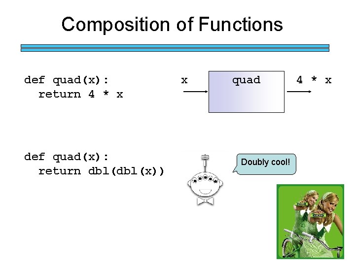 Composition of Functions def quad(x): return 4 * x def quad(x): return dbl(x)) x