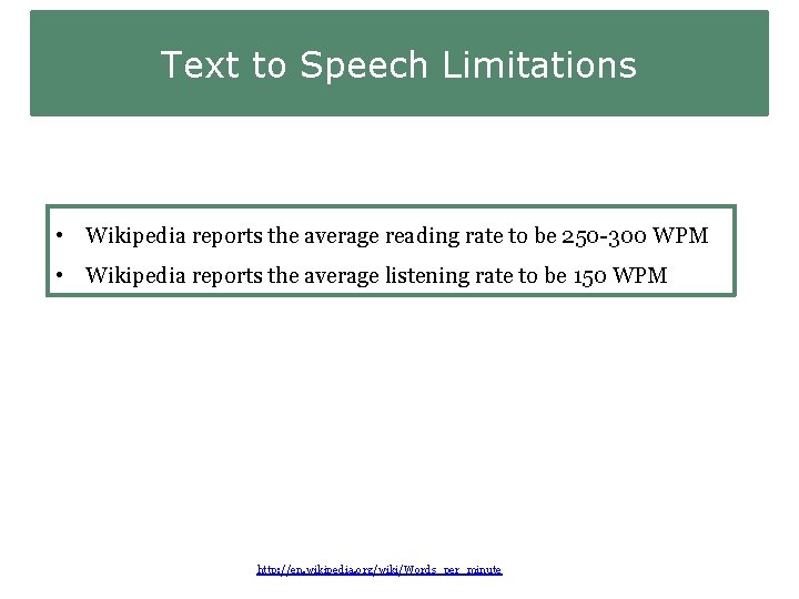 Text to Speech Limitations • Wikipedia reports the average reading rate to be 250