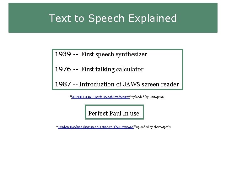 Text to Speech Explained 1939 -- First speech synthesizer 1976 -- First talking calculator