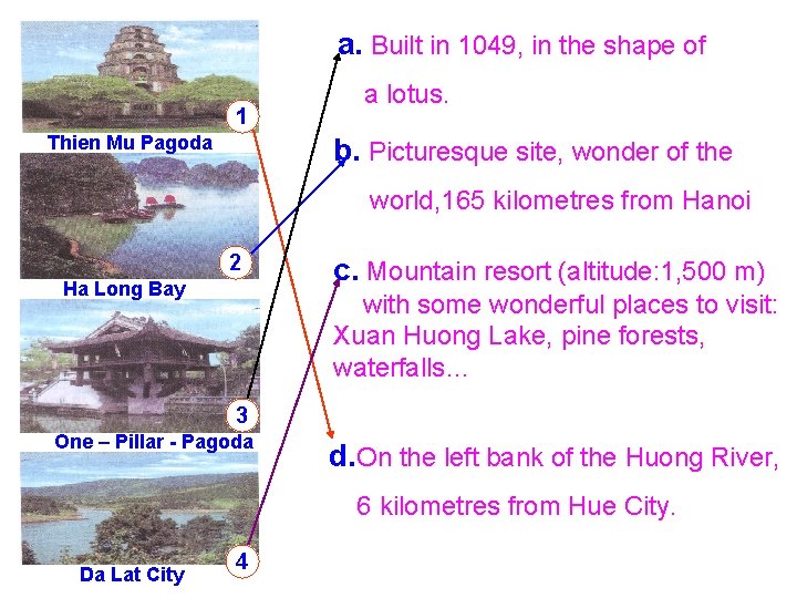a. Built in 1049, in the shape of 1 Thien Mu Pagoda a lotus.