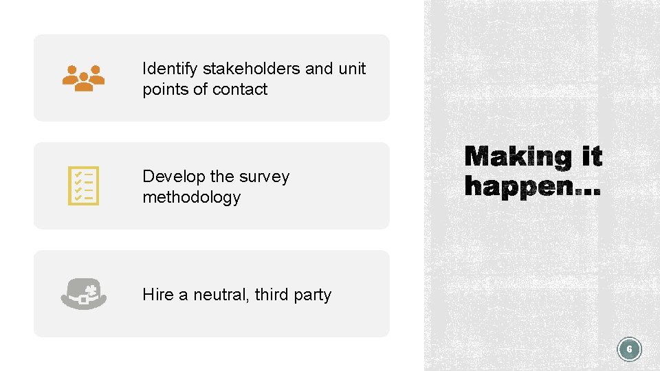 Identify stakeholders and unit points of contact Develop the survey methodology Hire a neutral,