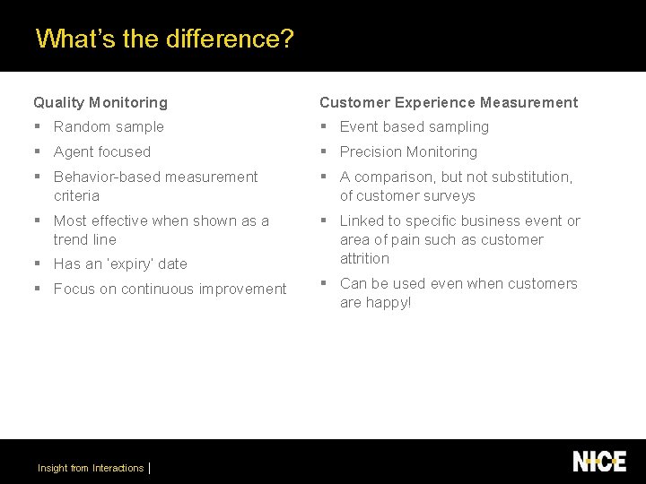 What’s the difference? Quality Monitoring Customer Experience Measurement § Random sample § Event based