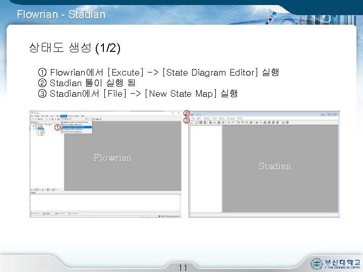 Flowrian - Stadian 상태도 생성 (1/2) ① Flowrian에서 [Excute] -> [State Diagram Editor] 실행