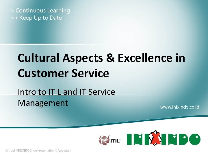 Cultural Aspects & Excellence in Customer Service Intro to ITIL and IT Service Management