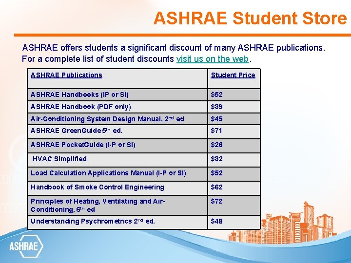 ASHRAE Student Store ASHRAE offers students a significant discount of many ASHRAE publications. For