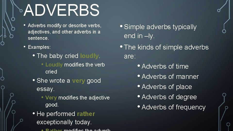ADVERBS • • Adverbs modify or describe verbs, adjectives, and other adverbs in a