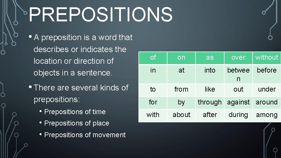 PREPOSITIONS • A preposition is a word that describes or indicates the location or