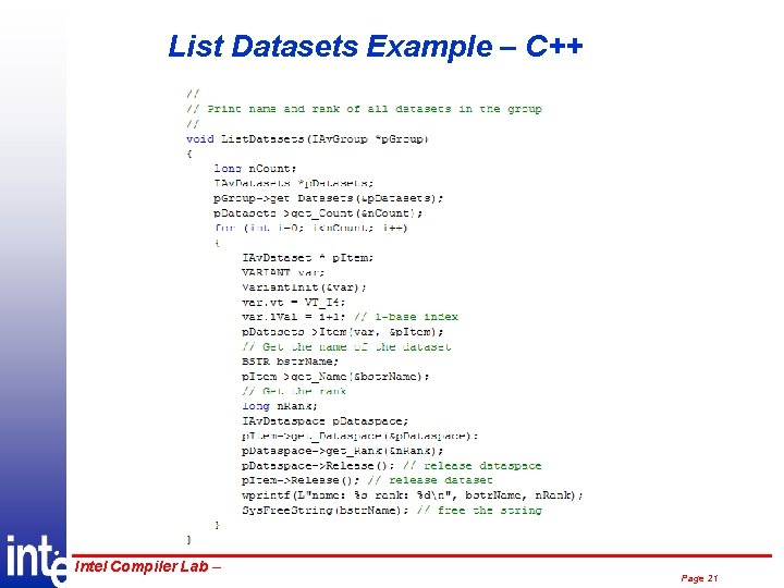 List Datasets Example – C++ ® Intel Compiler Lab – Page 21 