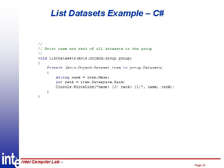 List Datasets Example – C# ® Intel Compiler Lab – Page 22 