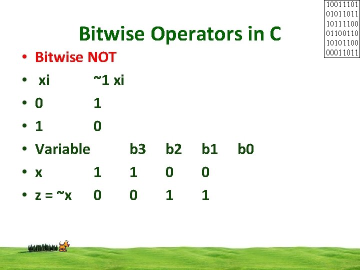 Bitwise Operators in C • • Bitwise NOT xi ~1 xi 0 1 1