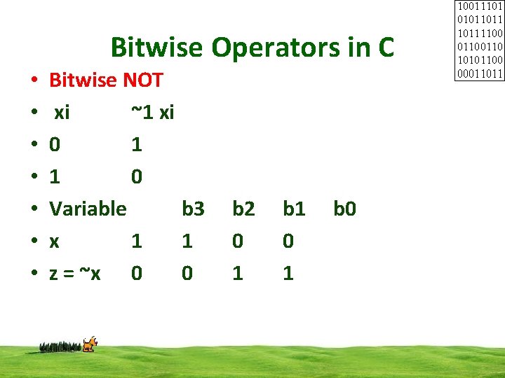 Bitwise Operators in C • • Bitwise NOT xi ~1 xi 0 1 1 Bitwise Operators in C • • Bitwise NOT xi ~1 xi 0 1 1