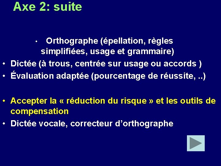 Axe 2: suite Orthographe (épellation, règles simplifiées, usage et grammaire) • Dictée (à trous,