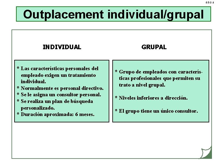 G. P. O. 8 Outplacement individual/grupal INDIVIDUAL * Las características personales del empleado exigen
