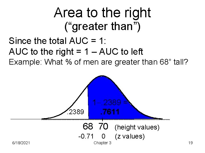 Area to the right (“greater than”) Since the total AUC = 1: AUC to