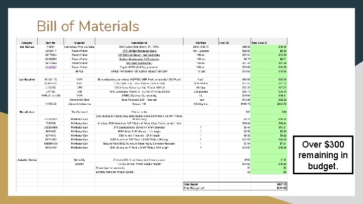 Bill of Materials Over $300 remaining in budget. 