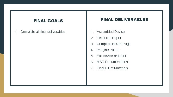 FINAL GOALS 1. Complete all final deliverables. FINAL DELIVERABLES 1. Assembled Device 2. Technical