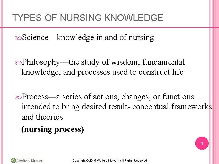 TYPES OF NURSING KNOWLEDGE Science—knowledge in and of nursing Philosophy—the study of wisdom, fundamental