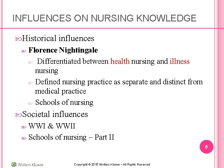 INFLUENCES ON NURSING KNOWLEDGE Historical influences Florence Nightingale Differentiated between health nursing and illness