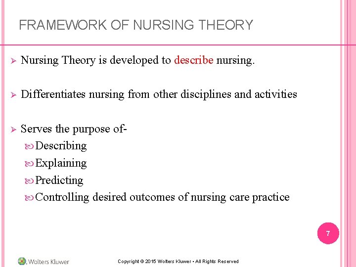 FRAMEWORK OF NURSING THEORY Ø Nursing Theory is developed to describe nursing. Ø Differentiates
