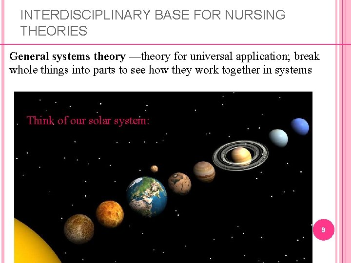 INTERDISCIPLINARY BASE FOR NURSING THEORIES General systems theory —theory for universal application; break whole