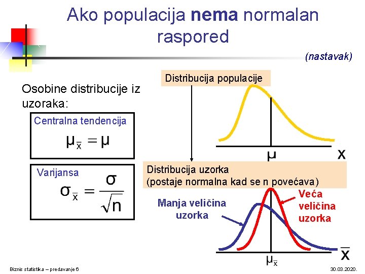 Ako populacija nema normalan raspored (nastavak) Osobine distribucije iz uzoraka: Distribucija populacije Centralna tendencija