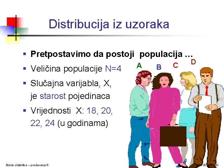 Distribucija iz uzoraka § Pretpostavimo da postoji populacija … § Veličina populacije N=4 A