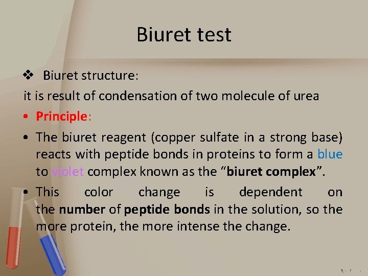 Biuret test v Biuret structure: it is result of condensation of two molecule of