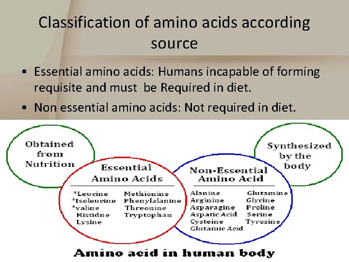 Classification of amino acids according source • Essential amino acids: Humans incapable of forming