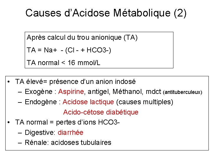 Causes d’Acidose Métabolique (2) Après calcul du trou anionique (TA) TA = Na+ -