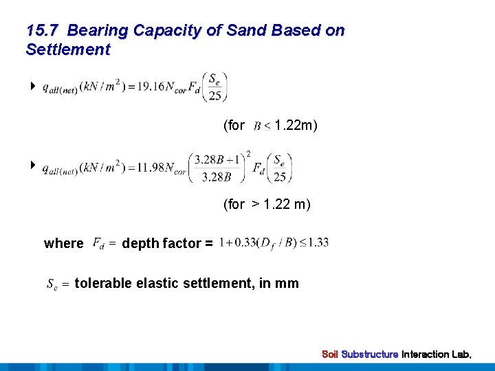 15. 7 Bearing Capacity of Sand Based on Settlement (for 1. 22 m) (for