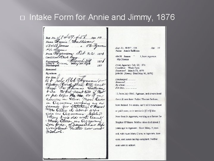 � Intake Form for Annie and Jimmy, 1876 
