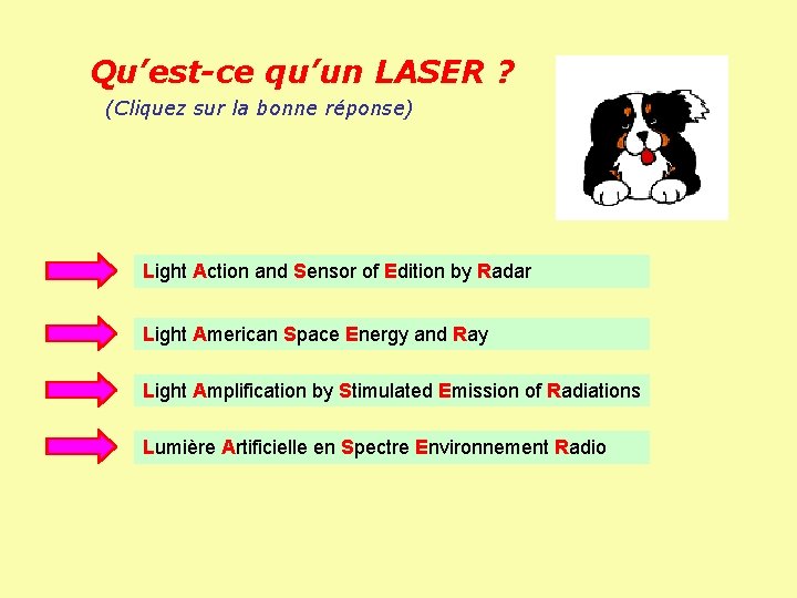 Qu’est-ce qu’un LASER ? (Cliquez sur la bonne réponse) Light Action and Sensor of