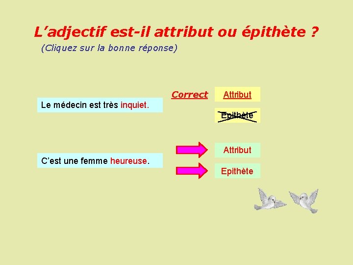 L’adjectif est-il attribut ou épithète ? (Cliquez sur la bonne réponse) Correct Attribut Le