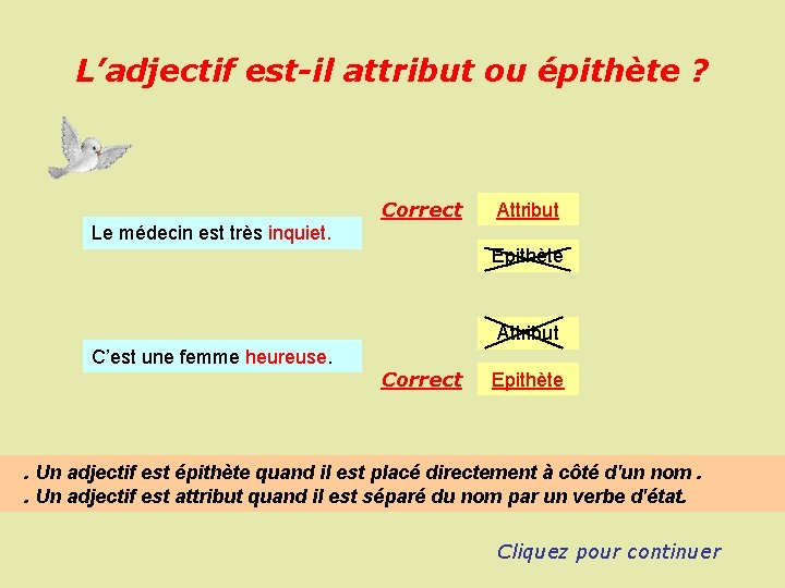 L’adjectif est-il attribut ou épithète ? Correct Attribut Le médecin est très inquiet. Epithète