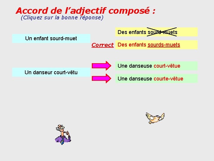 Accord de l’adjectif composé : (Cliquez sur la bonne réponse) Des enfants sourd-muets Un