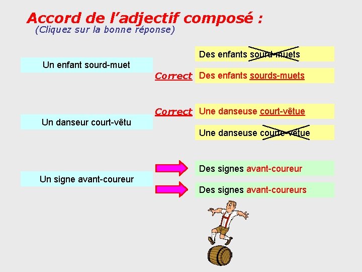 Accord de l’adjectif composé : (Cliquez sur la bonne réponse) Des enfants sourd-muets Un