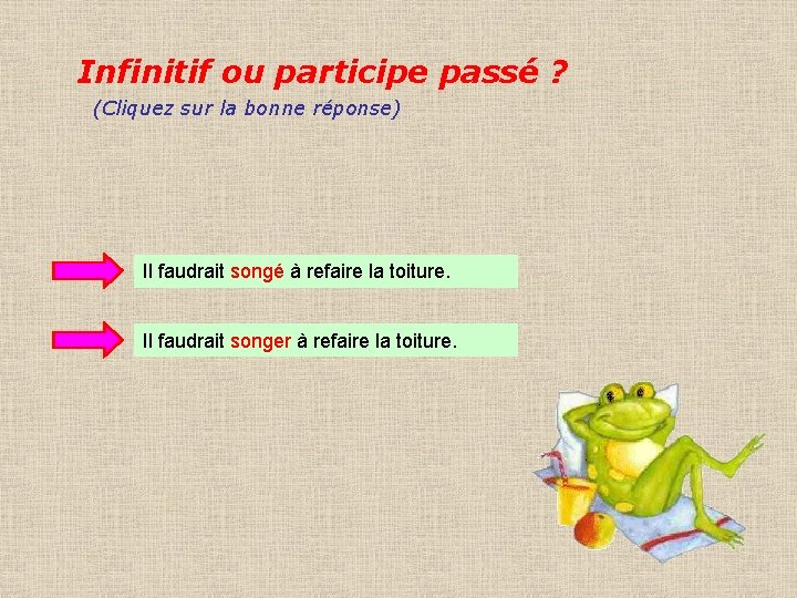 Infinitif ou participe passé ? (Cliquez sur la bonne réponse) Il faudrait songé à