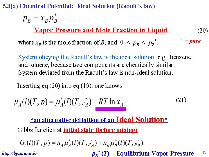 5. 3(a) Chemical Potential: Ideal Solution (Raoult’s law) Vapor Pressure and Mole Fraction in