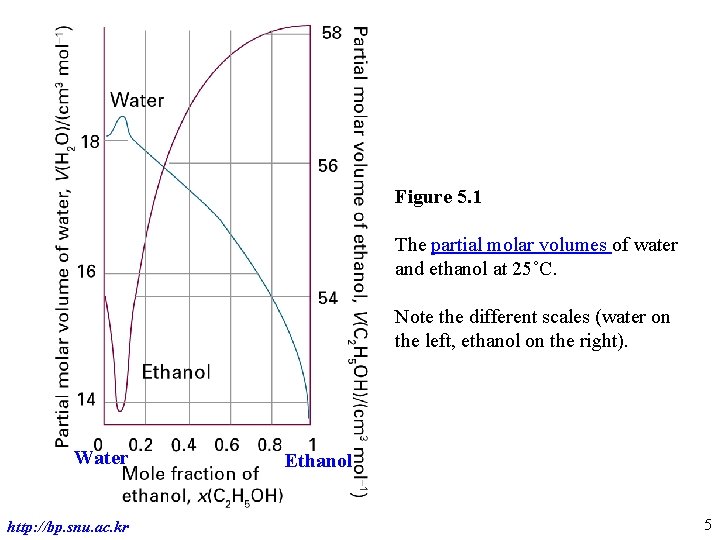 Figure 5. 1 The partial molar volumes of water and ethanol at 25˚C. Note