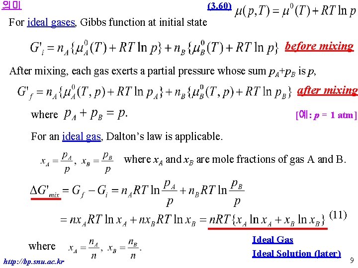(3. 60) 의미 For ideal gases, Gibbs function at initial state before mixing After