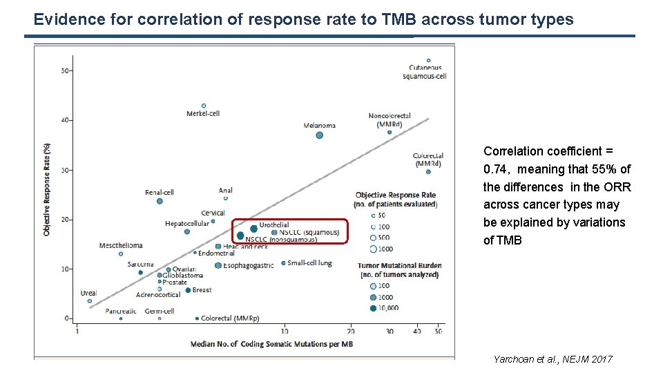 Evidence for correlation of response rate to TMB across tumor types Correlation coefficient =