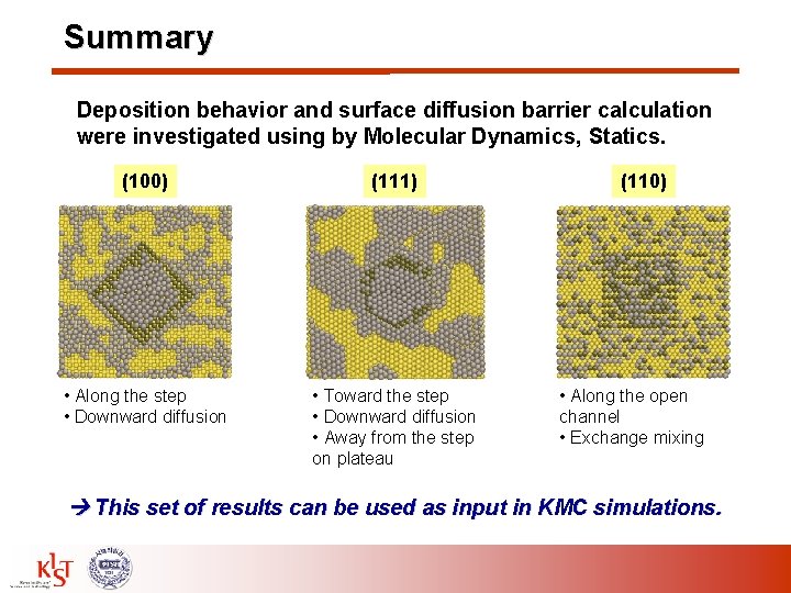 Summary Deposition behavior and surface diffusion barrier calculation were investigated using by Molecular Dynamics,